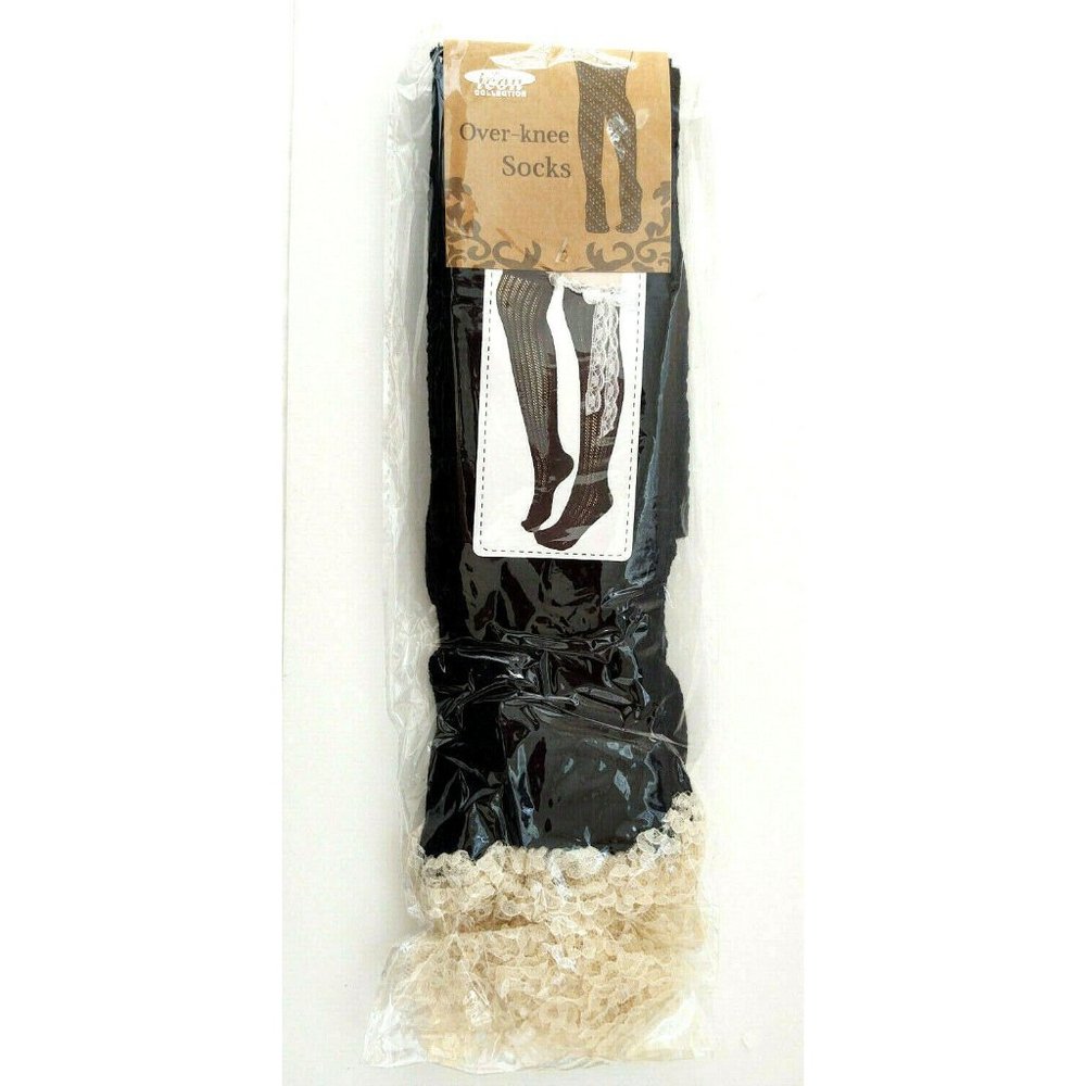 Black Cream Lace Over The Knee Socks Cable Knit - Picture 3 of 4